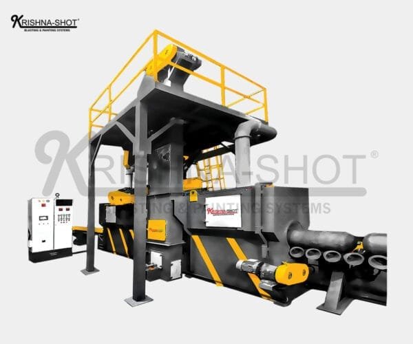 Diabola Tunnel Type Shot Blasting Machine. Ideal for pipes, rods, and cylindrical components in industries like oil & gas, automotive, and construction.